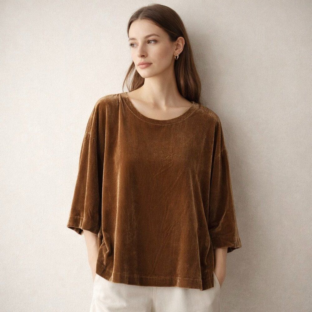 Eileen Fisher Brown Silk Blend Velvet Top Relaxed Fit Sz M Quiet Luxury